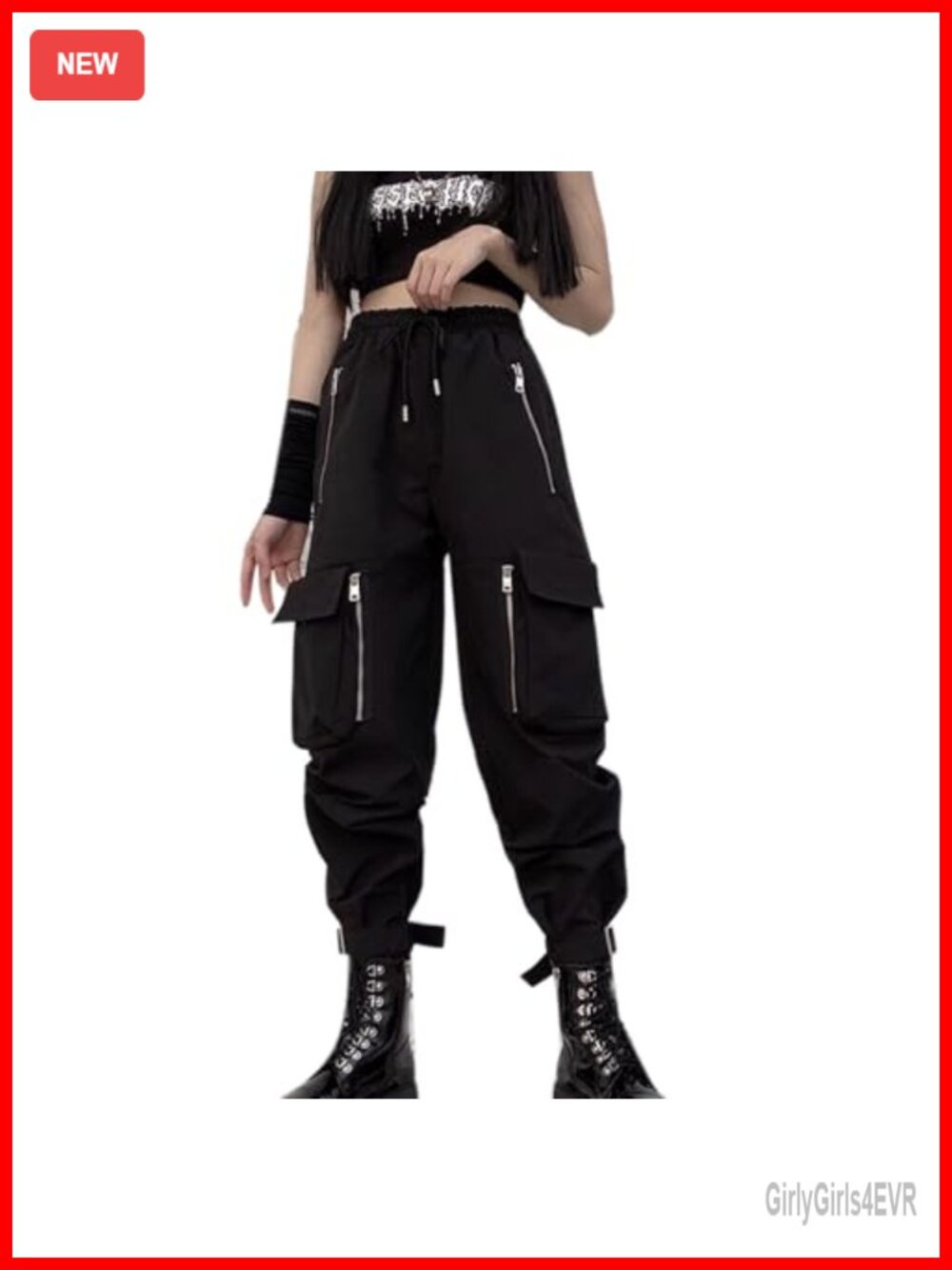 Black Cargo Pants Women Loose Chained Multi Pocket Zip Punk Goth